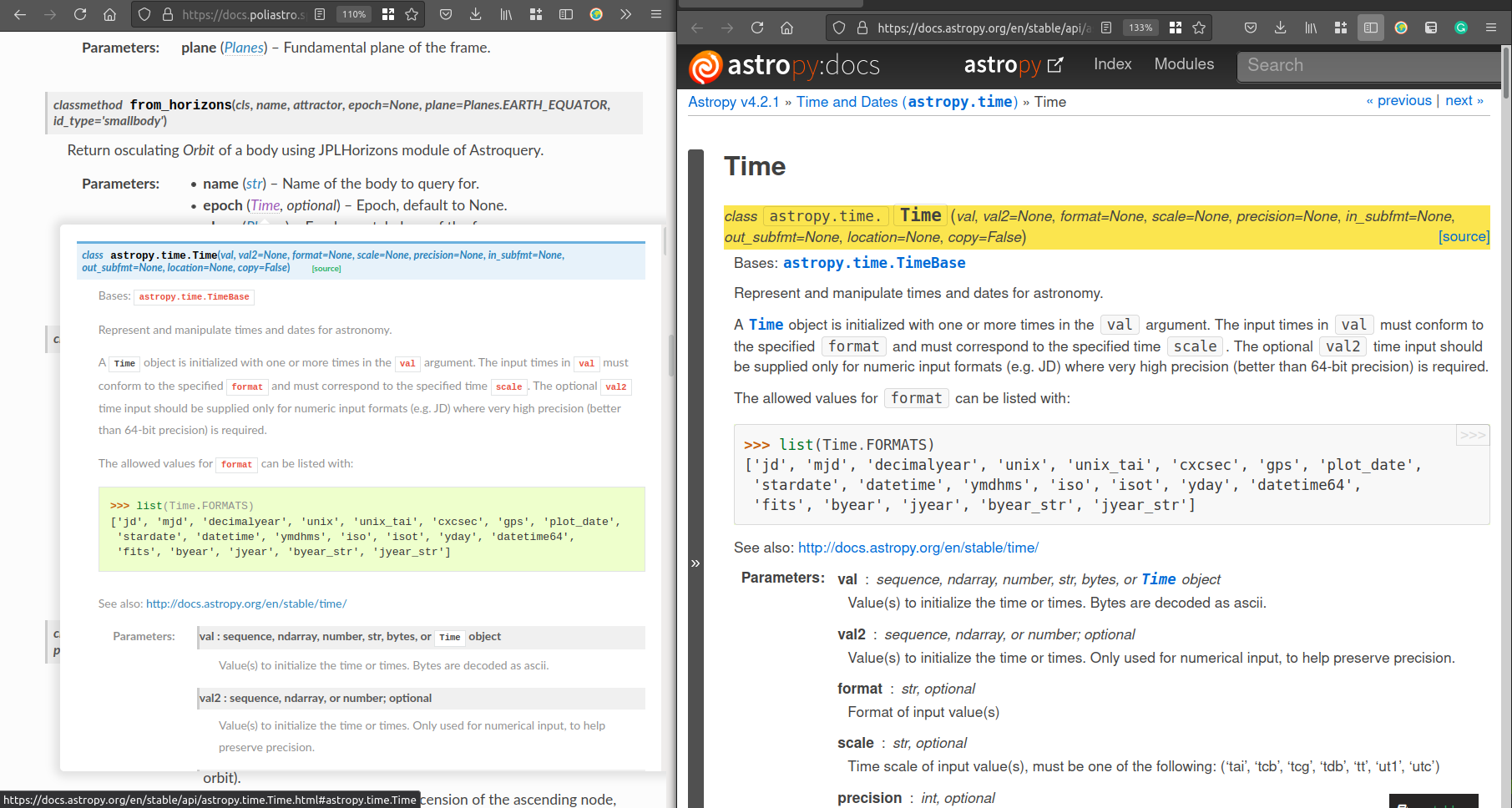 A project (left) embedding content from another project linked through intersphinx (right) using sphinx-hoverxref